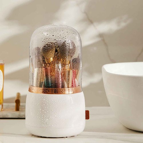 Beufee Makeup Brush Holder, Makeup Brush Organizer Makeup Brush Holder Organizer with Lid 360° Rotating Makeup Storage for Home (White)