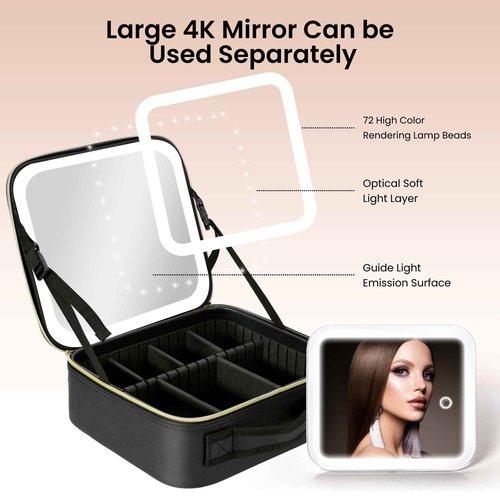 LILIBEBE Travel Makeup Bag with Led Mirror Detachable 3 Color Scenarios Adjustable Brightness Large Cosmetic Organizer Storage Adjustable Dividers Waterproof Makeup Brushes Toiletry Gift Black