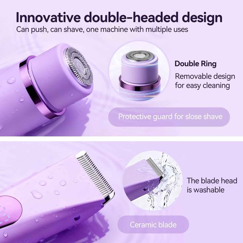 Bikini Trimmer for Women Electric–Double Head Dual Purpose, Ceramic Blade,IPX7 Waterproof,LCD Power Display,USB Rechargeable,Wet/Dry Painless Hair Removal for Face & Body (Violet)