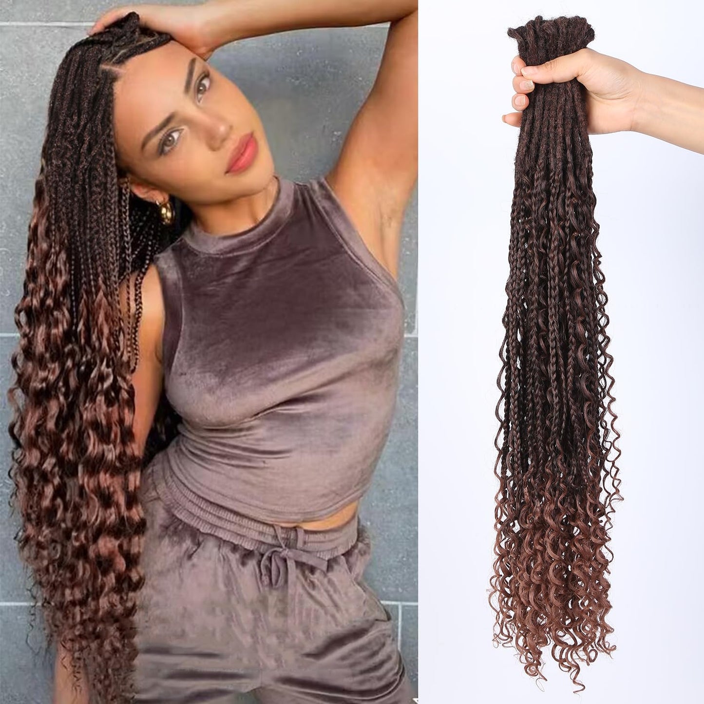 HANNE Double Ended Dreadlock Extensions Soft Boho Box Braids 24 Inch Crochet Synthetic Dreadlock Extensions with Curly End Dreads Extensions for Women Brown to Honey Brown (10 Strands/Pack MT1/30)