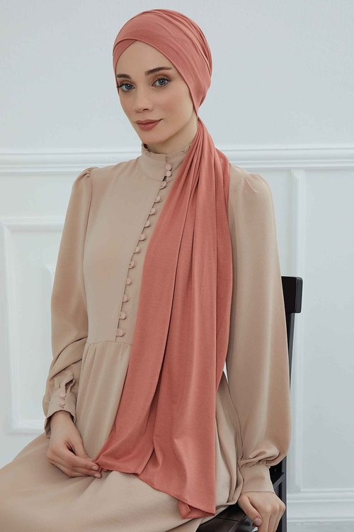 Aisha's Design Instant Turban Hijab Scarves for Women, 95% Cotton Pre-tied Jersey Head Wrap Bonnet & Shawl, Salmon