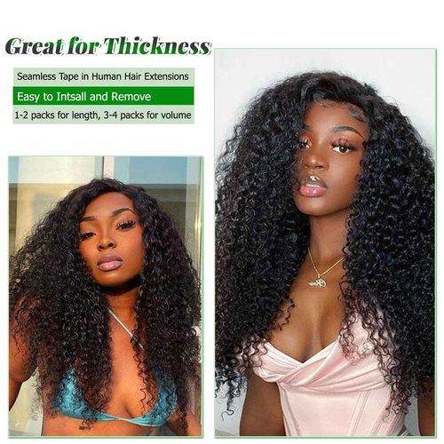 Curly Tape in Human Hair Extensions for Black Women, Kinky Curly Tape in Hair Extensions 50grams 20pcs Full Head Real Human Hair Kinky Tape ins Extensions 20 Inch Natural Black