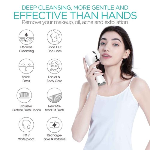 VOGOE Facial Cleansing Brush Rechargeable, Spin Face Wash Brush IPX7 Waterproof Electric Face Scrubber Exfoliator, 3 Speeds & 5 Brushes for Cleansing and Exfoliating, White
