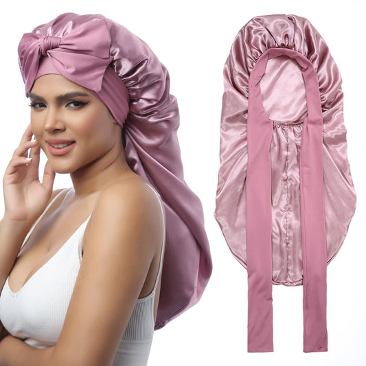 AWAYTR Long Satin Bonnet for Braids - Elastic Silk Hair Bonnets for Sleeping Night Cap Stretchy Tie Band for Women（Rose Gold）