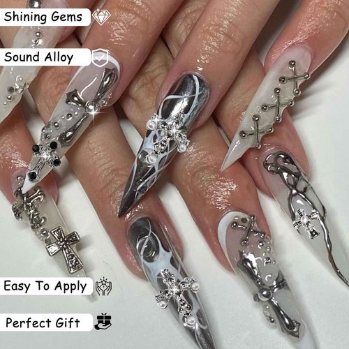 ZUMILLMN 100pcs Cross Nail Charms, 3D Nail Decorations for Nail Art, Pearl Gems Diamond Nail Decor, Metal Alloy Crystal Rhinestones Nail Studs for Women Girl DIY Jewelry Cellphone Crafts（100pcs）