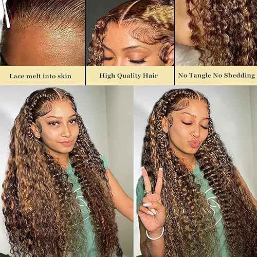 Honey Blonde Highlight Ombre Lace Front Wig Human Hair 200 Density 13x6 Water Wave Lace Front Wigs Human Hair Pre Plucked Wet And Wavy Curly Lace Frontal Wig for Women 4/27 Colored 24 Inch