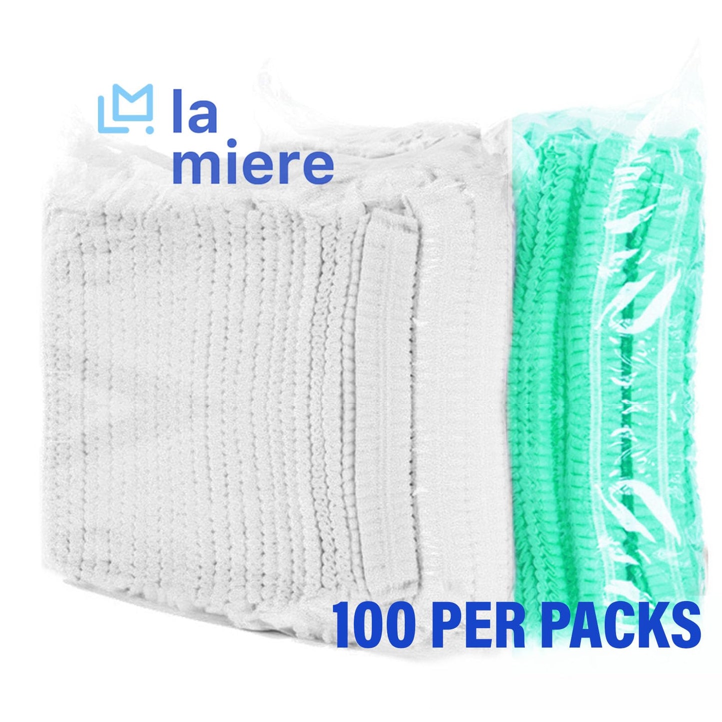 LA MIERE 100 Green Disposable Non-Woven Hairnets, Bouffant Caps, Protective Hair Head Covers, Hair Net, Surgical Cap, Medical Hair Covers, 21"