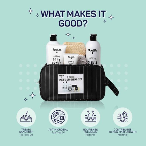 SpaLife 7-Piece Men's Body Care Gift Set | Mens Gift Set with 2-in-1 Shampoo & Conditioner, Body Wash, Moisturizer, Post-Shave Lotion, Sponge & Foot Stone | Christmas Gifts for Men | 7-Piece Bundle