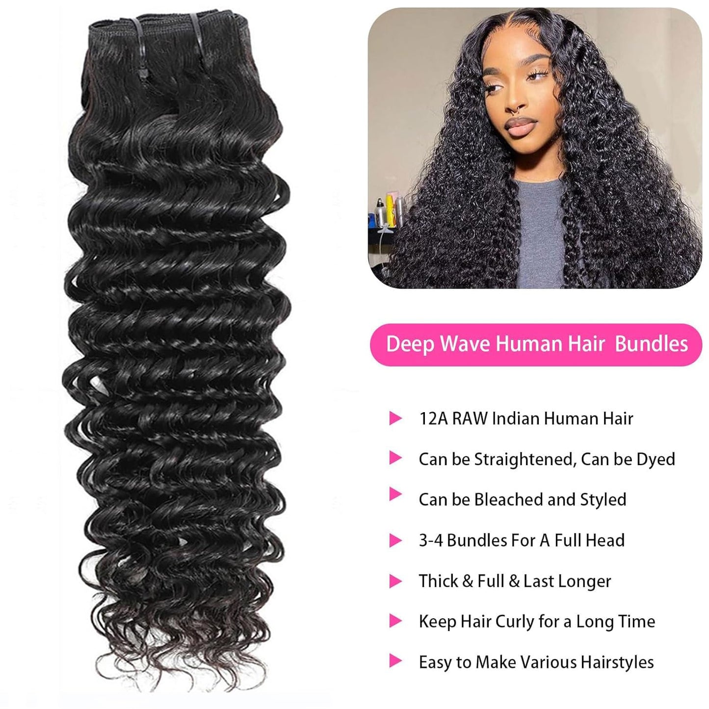 Deep Wave Bundles Human Hair Bundles 12 Inch Hair Bundles 12A Unprocessed Brazilian Virgin Human Hair Bundles Double Weft Deep Curly Weave Bundles Natural Black