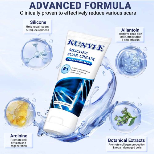 Kunyle Scar Cream, Silicone Scar Gel, Advanced Scar Removal Cream for Surgical Scars, Stretch Marks Removal, Keloid Bump Removal, Old and New Scars 2.11 Oz (60g)