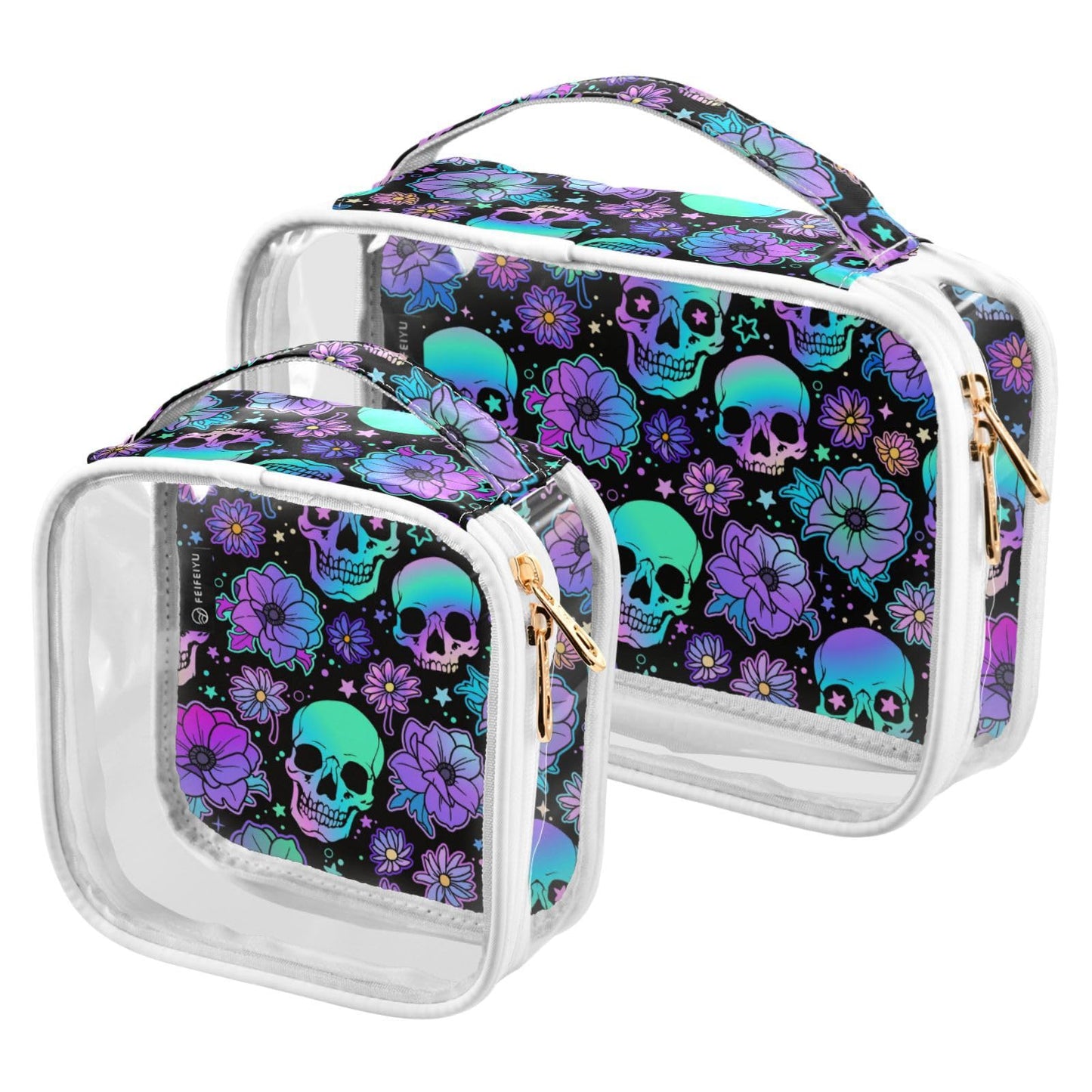 MNSRUU Clear Makeup Bags Funny Skulls Toiletry Bag for Women 2 PCS Waterproof Clear Bags Clear Travel Toiletry Bag Small Cosmetic Makeup Bag, Carry on Airport Airline Compliant Bag