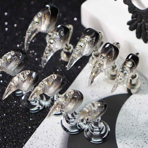 Halloween Press on Nails Handmade Nails with Glue,Luxury Gothic Medium False Nails with Eagle Claw Nail Art,Black Gradient False Nails Muti-Layer Gel Handmade Nail Press ons for Women (Size S)