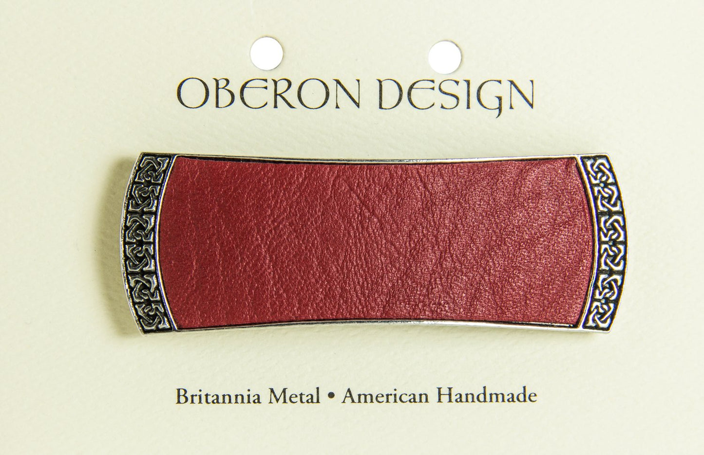 Celtic Leather Hair Clip, Hand Crafted Metal and Leather Barrette Made in the USA with a Medium 70mm Imported French Clip by Oberon Design, 3 Colors, Red, 1 Piece