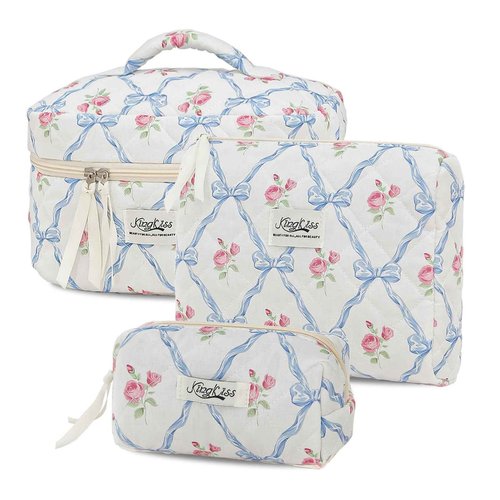 kingkiss Makeup Bag, Quilted Cosmetic Bag, Large Capacity Make Up Bag for Women, Cute Floral Storage Toiletry Bag Travel Storage Makeup Bag(Blue)