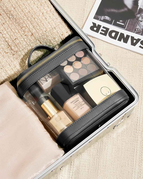 ROWNYEON Large CLear Travel Makeup Bag for Women，Transparent Cosmetic Bag with Handle，Portable Makeup Case Organizer，Waterproof Toiletry Organizer Train Case, Black