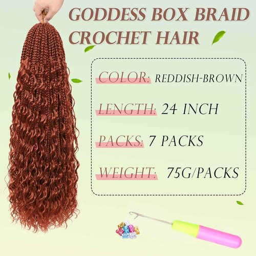 Miuric Boho Box Braids Crochet Hair for Black Women 24 Inch 7 Packs Goddess Box Braids Crochet Hair Pre-Looped with Curly Ends Reddish Brown Bohemian Synthetic Briading Hair Extensions