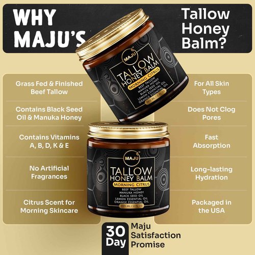 MAJU Tallow Honey Balm, Morning Citrus (2 oz), Grass Fed Beef Tallow for Skin with Organic Black Seed Oil, Manuka Honey and Organic Beeswax, Skin and Face Moisturizer for Deep Hydration