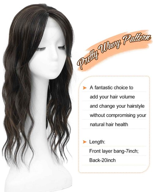 UDU Hair Topper 20inch Ombre Highlight Synthetic Wig Clip In Toppers with Fringe Bang for Women with Thinning Hair Adding Volume