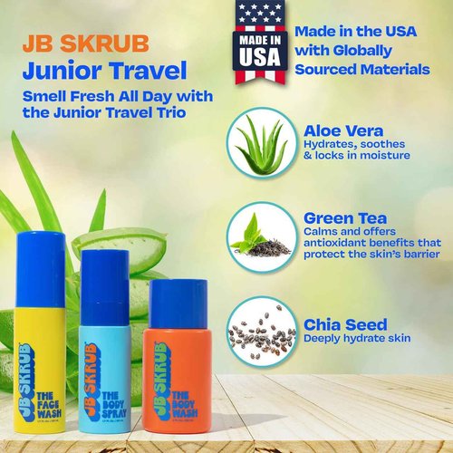 JB SKRUB The Junior Travel Trio - Complete Skin Care Set for Kids, Tweens & Teens: Hydrating Body Wash, Refreshing Body Spray, & Gentle Face Wash