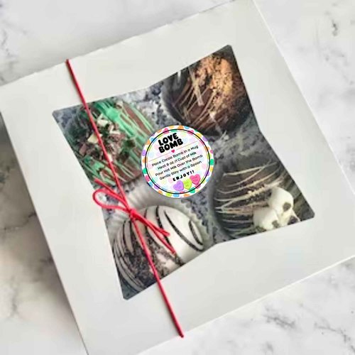 Love Bomb Stickers for Hot Cocoa Bomb Box | 250 pc Roll Bulk Packaging 2” Label Tag Instructions Ingredients for Holiday Valentine’s Candy Heart Background Hot Chocolate Bomb
