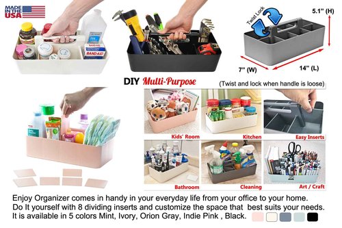 New Plastic Portable Makeup Organizer Caddy Tote Divided Basket Bin with Handle, for Bathroom Storage - Holds Blush Makeup Brushes, Eyeshadow Palette, Lipstick - Extra Large Made In USA (Black)