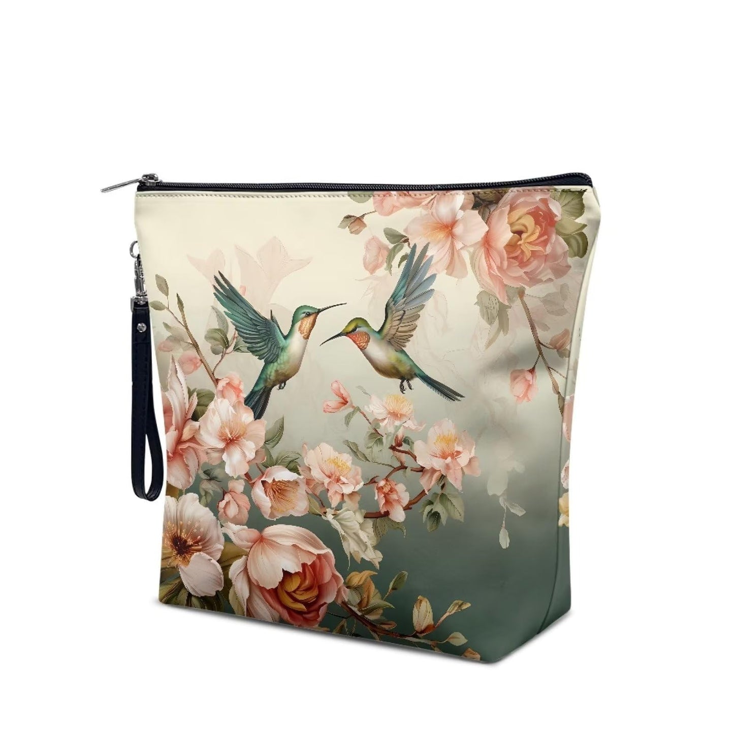 Wanzuoeng Large Capacity Makeup Bag for Women, Hummingbird Blossom Print Cosmetic Bag, Durable Handle Zipper Travel Bag, Brush Tool Organizer Toiletry Bag