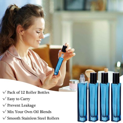 Yebeauty Glass Roller Bottles for Essential Oils 10ml Compact Travel Roll on Bottles for Oil Massage with Stainless Steel Balls, 12 Pack Perfume Rollerball Empty with Opener, Funnels, Droppers, Blue