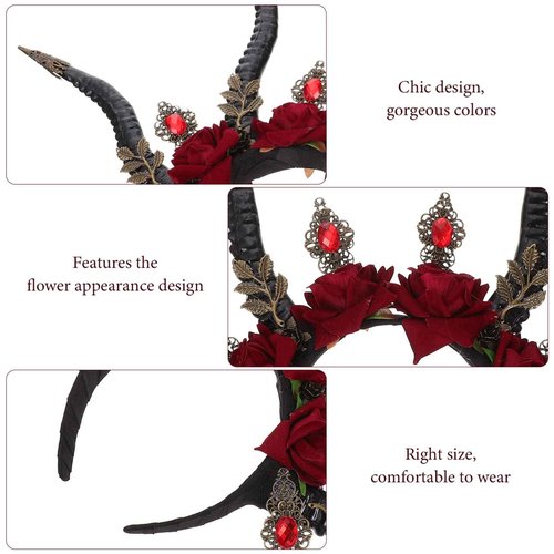 Beavorty Halloween Horn Headband Roses Garland Gothic Hairband Gothic Demon Crystal Headpieces Forest Animal Photography Props for Halloween Headdress Cosplay