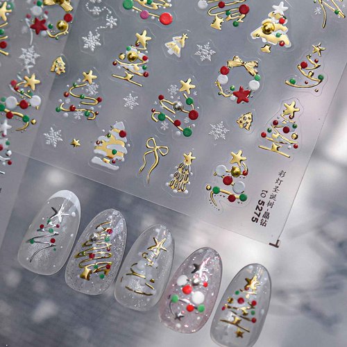 Christmas Tree Nail Stickers Gold Nail Art Stickers Xmas Nail Decals with Pearl Design Snowflake Nails Art Decals 5D Embossed Self Adhesive Nails Charms for Women Girls Manicure Decoration Accessories