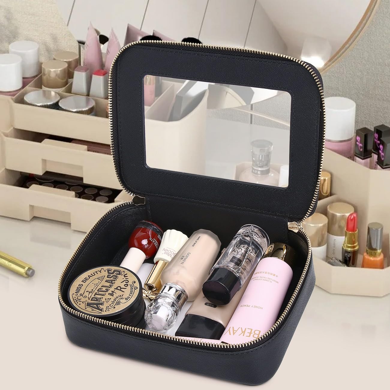 Pinkmik Clear Makeup Bag Travel Case Portable transparent Cosmetic Bag Case Clear Travel Toiletry Makeup Bag for Car with Zipper for Women (P/Black, M)