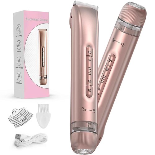 Bikini Trimmer for Women - 2 in 1 Electric Body Hair Trimmer for Silky Skin, Cordless Body Shaver for Travel, IPX7 Waterproof & Easy to Clean, Replaceable Ceramic Blade Heads, Rose Gold