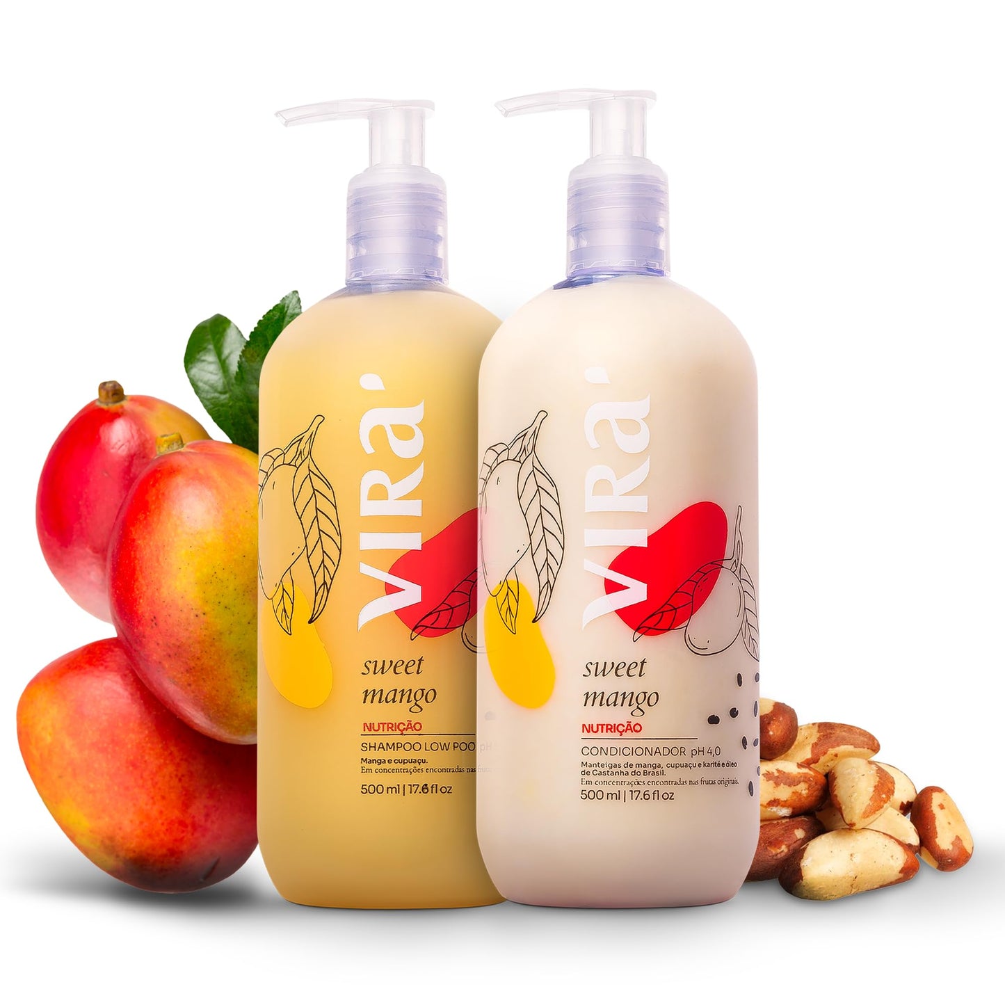 VIRÁ Brazilian Shampoo and Conditioner Set, Parabens Free, Curly and Wavy Hair, Deep Moisturizing and Nourishing Treatment, Volume Control, Sweet Mango 17.6 Fl Oz Each