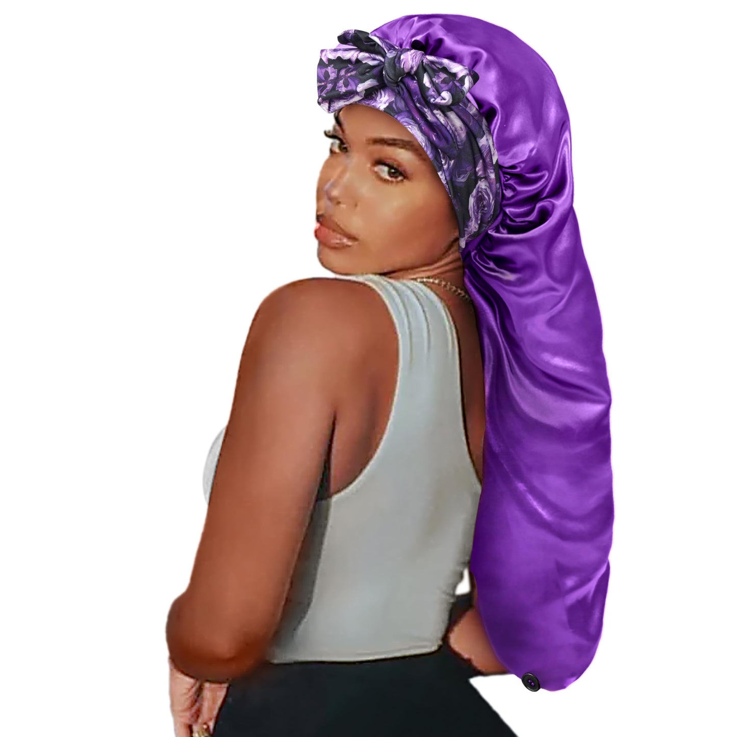 Isshin Beauty Satin Silk Bonnet Hair Cap: Long Bonnets with Elastic Tie Band Adjustable Straps Jumbo Size (Purple Flower)