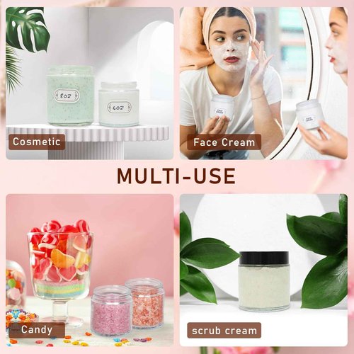 24 Pack 8 oz Glass Jars with lids, Clear Cosmetic Jars with Inner Liners and Black Lids, Lotion Jars, Candle Making Jars for Lotions, Scrubs and Cosmetic, Lables and Spatulas Include