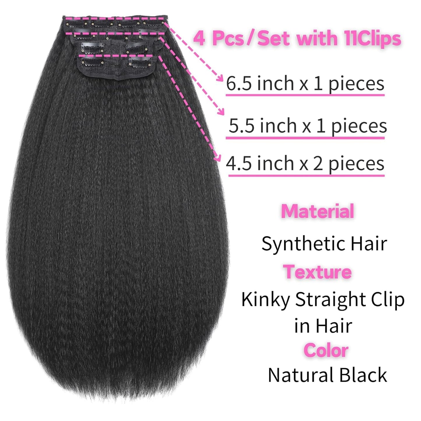 16 Inch Kinky Straight Clip in Hair Extensions for Black Women 4Pieces 140g 11Clips Full Head Yaki Straight Seamless Clip ins Synthetic Hair