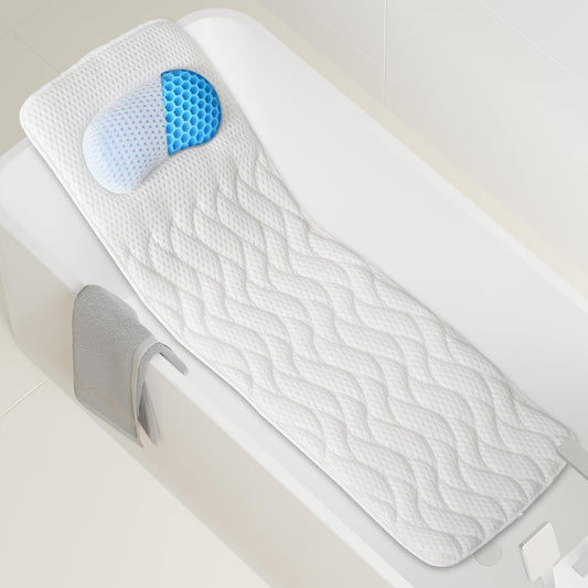 Bathtub Bath Pillows for Tub - Full Body Bath Tub Pillow Headrest with Ergonomic TPE, Bathtub Pillow Full Body for Neck & Back Support, Upgraded Bath Pillow with Strong Suction Cups & Hook, White