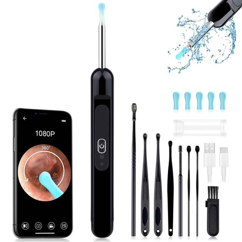 Ear Wax Removal, Ear Cleaner with 1080P HD Camera, with 6 LED Lights/IP67 Waterproof Lens/8 Traditional Tools Ear Wax Removal Kit, Rechargeable Ear Cleaning kit for iOS/Android/Tablet, Black