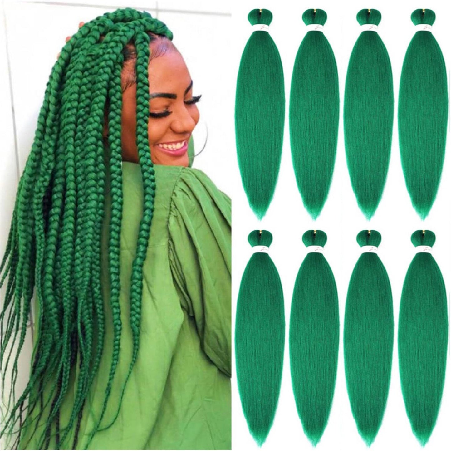 Lbsiwi Pre Stretched Braiding Hair 26 Inch 8 Packs Ombre Braiding Hair EZ Hair Itch Free Crochet Twist Hair Hot Water Setting Professional Soft Yaki Texture Synthetic Hair Extensions (26 nch, Green#)