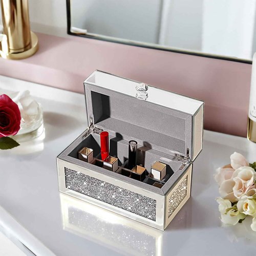 joyshiny 21-Slot Mirrored Lipstick Organizer, Rollerball Perfume Glass Storage box with Lid,Lip Gloss Storage for Vanity, Crushed Diamond Home Decor, 9.2''x 4.5'' x 5.15''