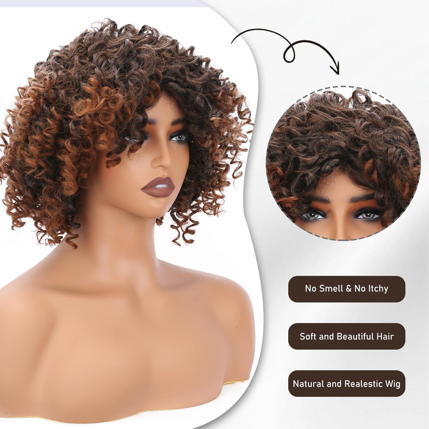 ihkwlma Afro Kinky Curly Wigs for Black Women Glueless Synthetic Short Curly Afro Wig with Bangs Ombre Brown 12 Inch