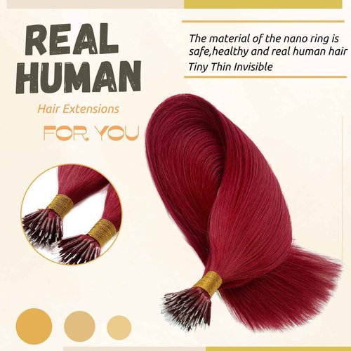 #99J Nano Tip Hair Extensions Human Hair for Women,Burgundy Nano Ring Hair Extensions 18 Inch Color #99J Wine Red Hair Extension 100% Natural Human Hair Extensions 50g/50s