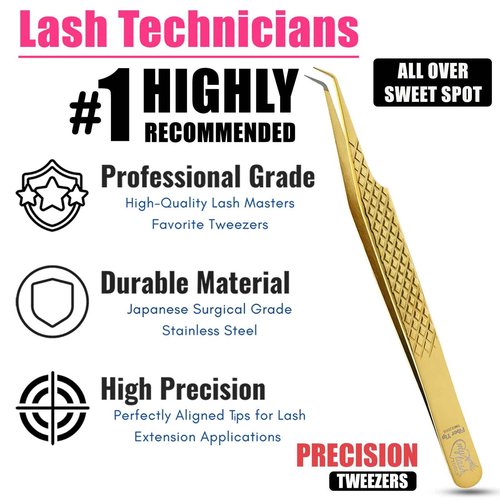 Fiber Tip Lash Tweezer 45 Degree Tip – Non Slip Diamond Grip, Precision Stainless Steel Eyelash Extension Tool, Professional Volume & Classic Lash Applicator for Salon and Home Use (Gold)
