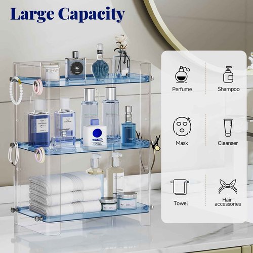 Delamu Bathroom Countertop Organizer, 3 Tier Adjustable Corner Makeup & Skincare Organizer with Protective Guard Rail, Transparent Design for Vanity, Bathroom Counter, Ideal for Girls
