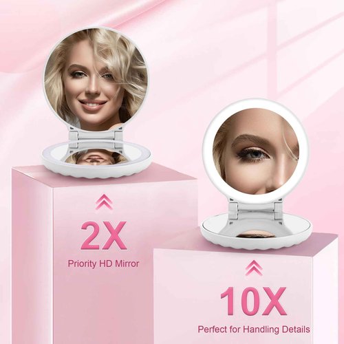 Compact Makeup Mirror with Lights Travel Vanity Mirror with Lights Small Compact Mirror 2x/10x Magnification & LED Lighted, Magnifying Mirror Portable Adjustable Rechargeable, White