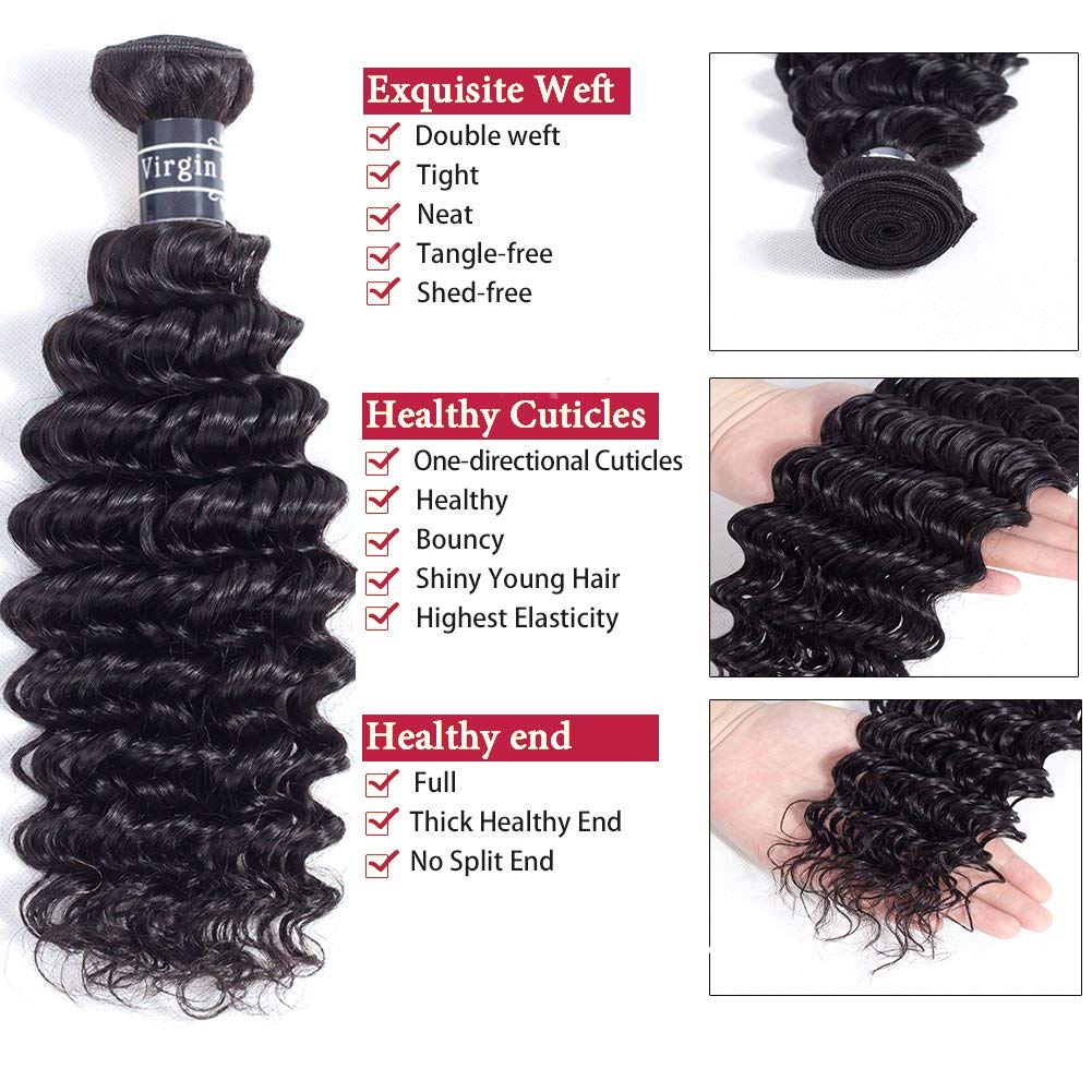 Amella Hair 8A Grade Brazilian Hair Deep Wave Virgin Human Hair Extensions Brazilian Deep Wave Hair Weave 3 Bundles Unprocessed Natural Black Color 12 14 16inch