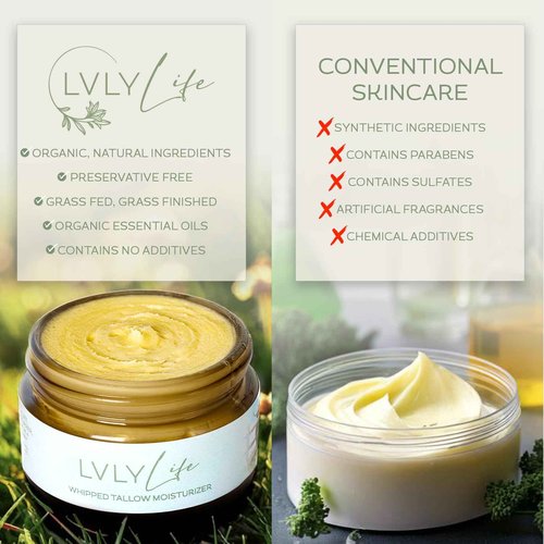 LVLY Life Whipped Beef Tallow Face Moisturizer - Grass Fed Grass Finished Beef- All Organic Ingredients - Natural, Hydrating Balm for Face + Body - Nourish and Soothe Sensitive Skin, 2 oz