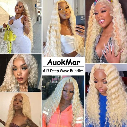 Blonde Bundles Human Hair 613 Deep Wave 1 Bundles 28 inch Unprocessed Virgin 613 Blonde Bundle Human Hair Extensions AuokMar