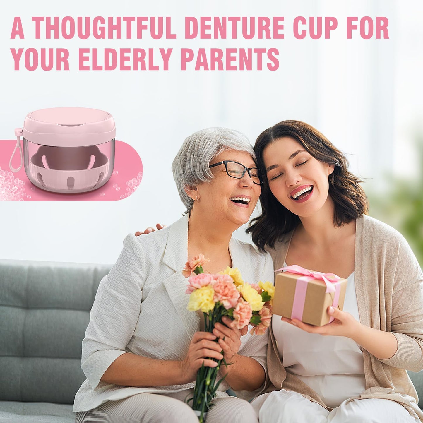 2024 Upgraded Netceem Denture Cup, Leak Proof Denture Case, Retainer Cleaning Box, Complete Clean Care for Dentures,Night Guard & Retainers with Denture Brush,Strainer, Removal Tool and Mirror(Pink）