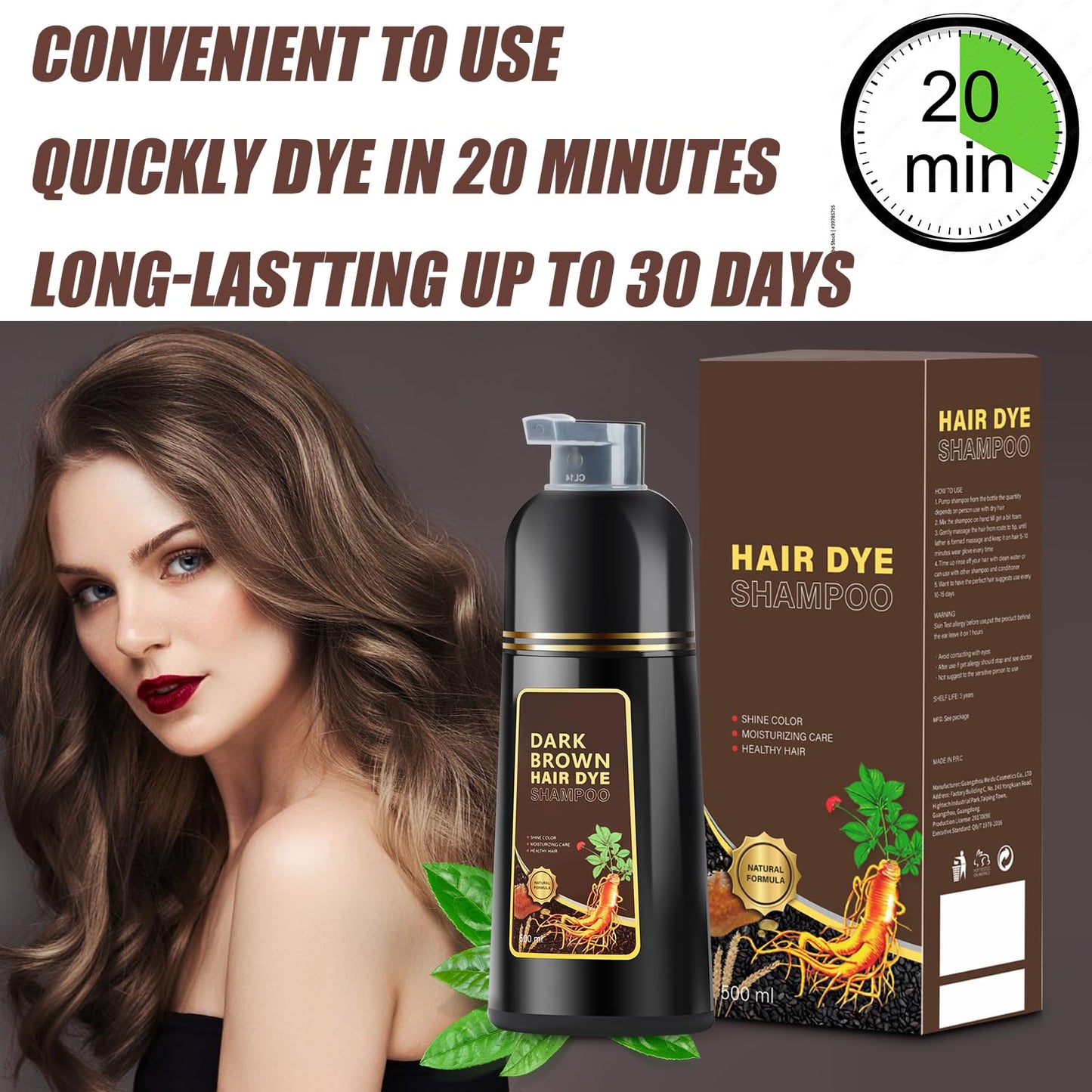 Sminktec Dark Brown Hair Dye Shampoo 3 in 1, Herbal Shampoo Hair Dye for Women Men(Dark Brown)