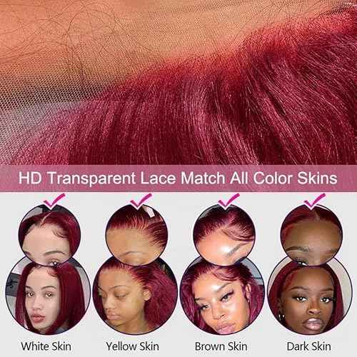 220% Density 99J Burgundy Lace Front Wigs Human Hair Pre Plucked Hairline Body Wave Glueless 13¡¿4 HD Transparent Wigs for Women Human Hair Wine Red Colored (24 inch, 99j)